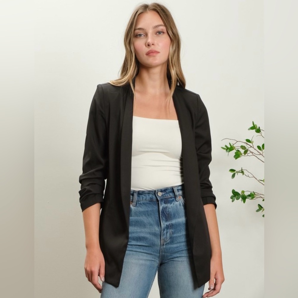 The Workshop Collarless Ruched 3/4 Sleeve Longline Blazer Black NWT